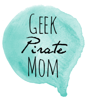 a teal green watercolor blob with the text Geek Pirate Mom over it in black